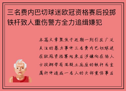 三名费内巴切球迷欧冠资格赛后投掷铁杆致人重伤警方全力追缉嫌犯